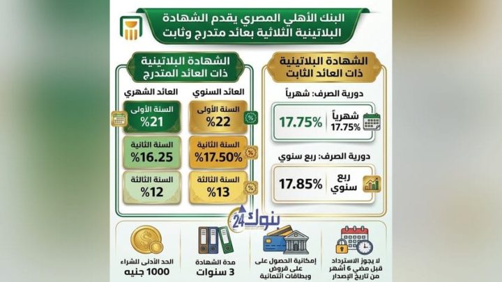 الشهادة البلاتينية من البنك الأهلي المصري.. قارن بين العائد الثابت والمتدرج لمدة 3 سنوات